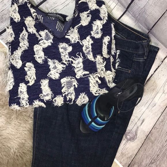 Funky Vintage Fringe Patch V- Neck Sweater Unique BoHo Fringe - Picture 7 of 8